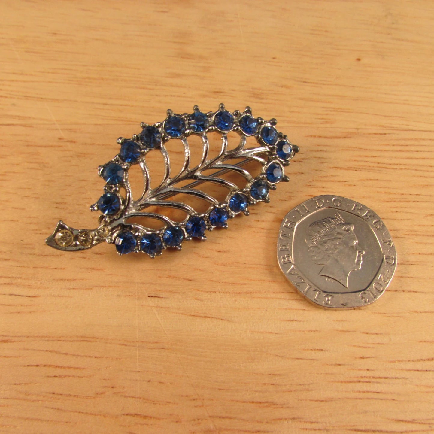 1960s silver-tone skeletal leaf brooch, sapphire blue & clear diamanté