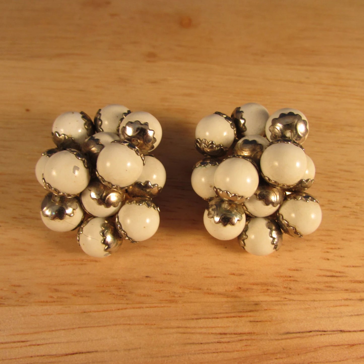 1960s large white plastic beaded cluster statement clip-on earrings