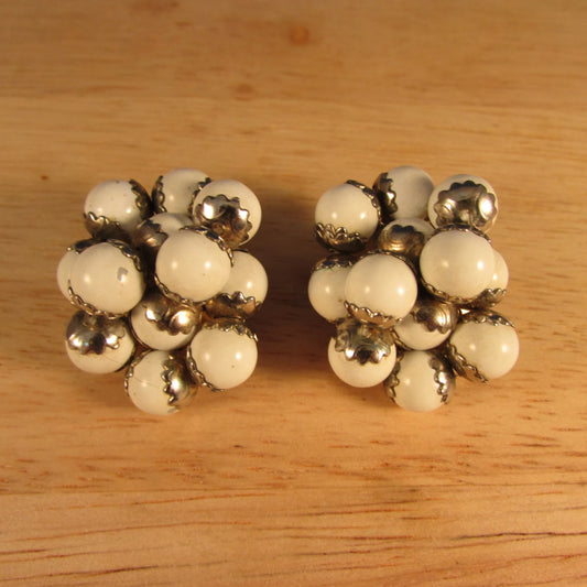 1960s large white plastic beaded cluster statement clip-on earrings