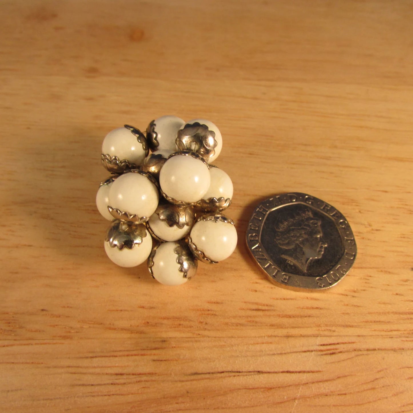 1960s large white plastic beaded cluster statement clip-on earrings