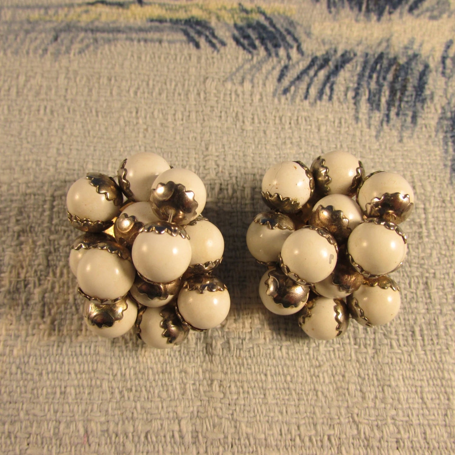 1960s large white plastic beaded cluster statement clip-on earrings