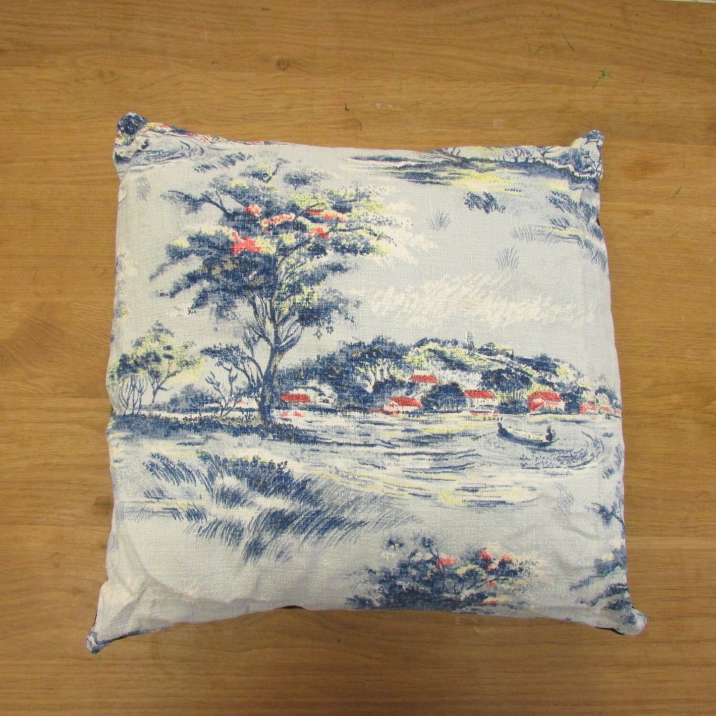 Home-made mid-century blue toile de jouy-style Barkcloth fabric cushion with contrast black reverse