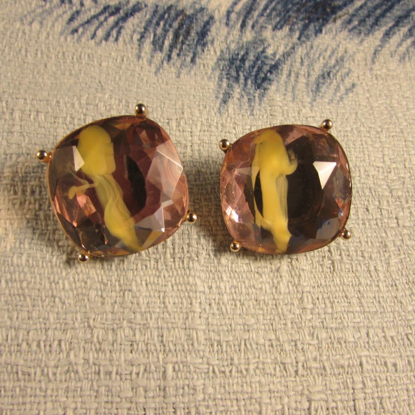 1960s gold-tone square spatter-effect iridescent plastic clip-on earrings