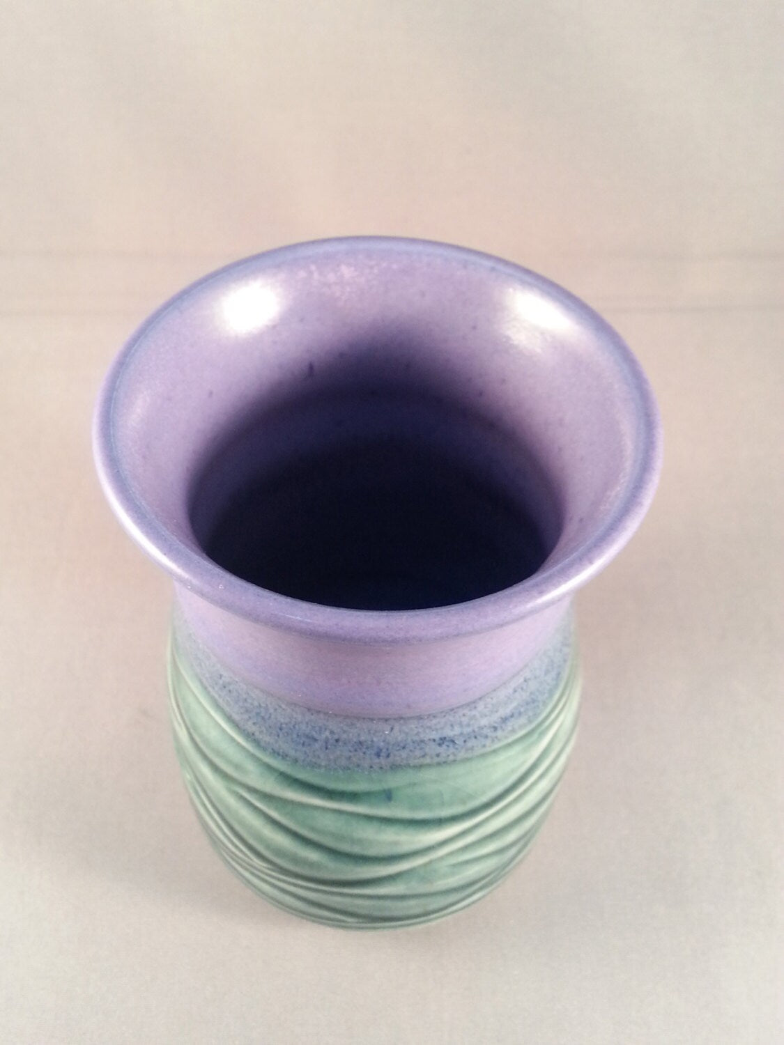 Vintage Studio Pottery tri-colour sea green & purple textured art vase, signed