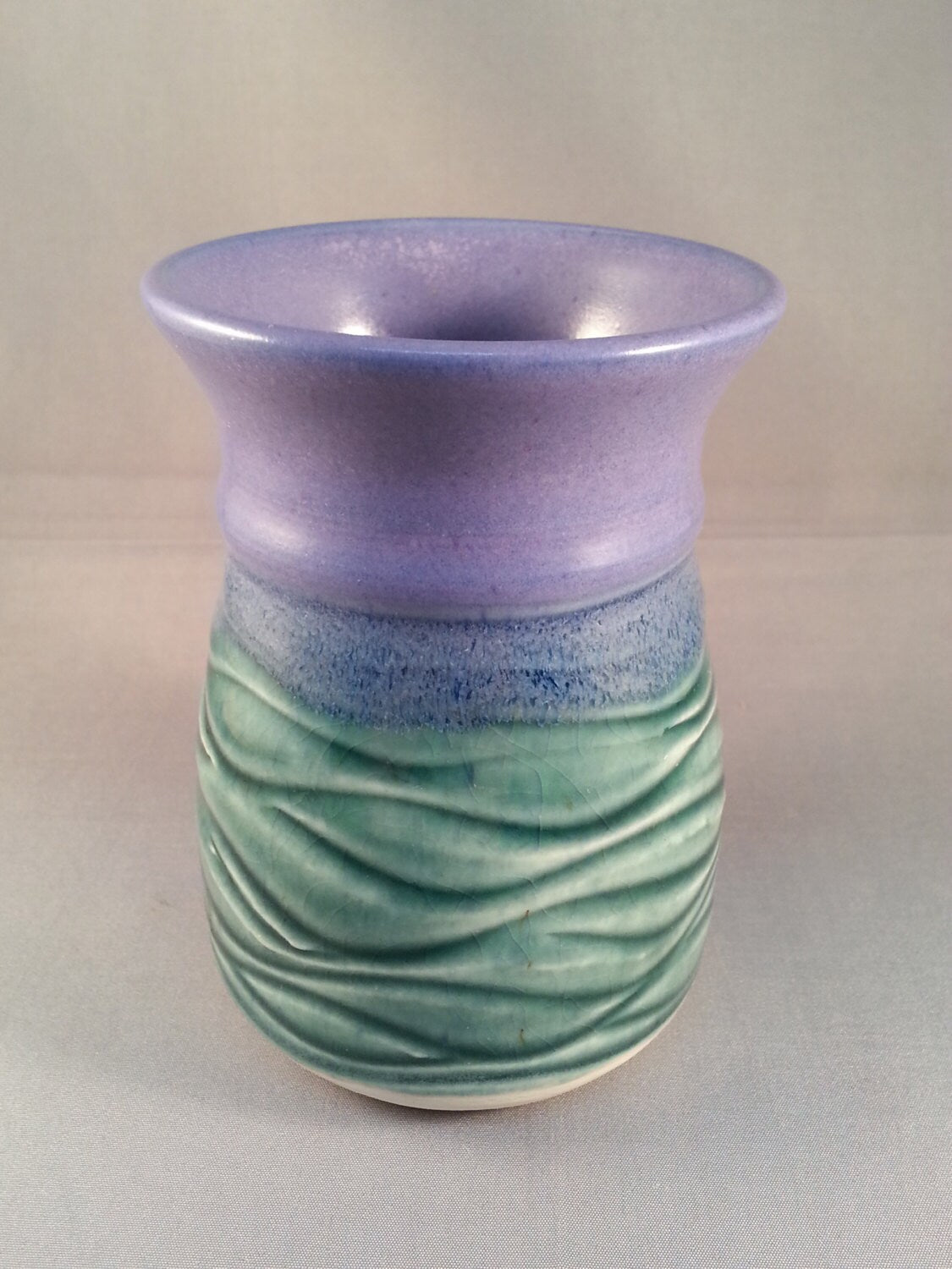 Vintage Studio Pottery tri-colour sea green & purple textured art vase, signed