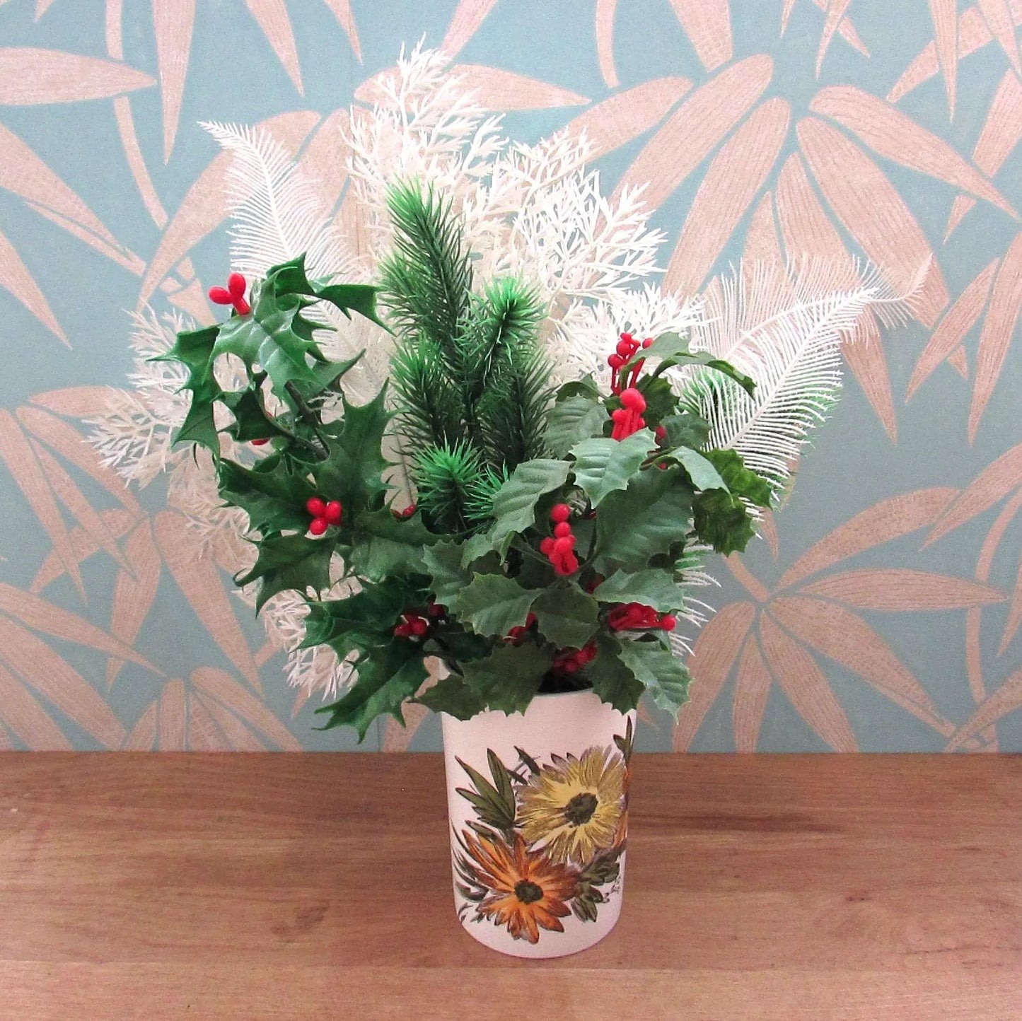 Vintage plastic green, & white Christmas foliage (ostrich feathers, tree leaves, pine branches, and holly)
