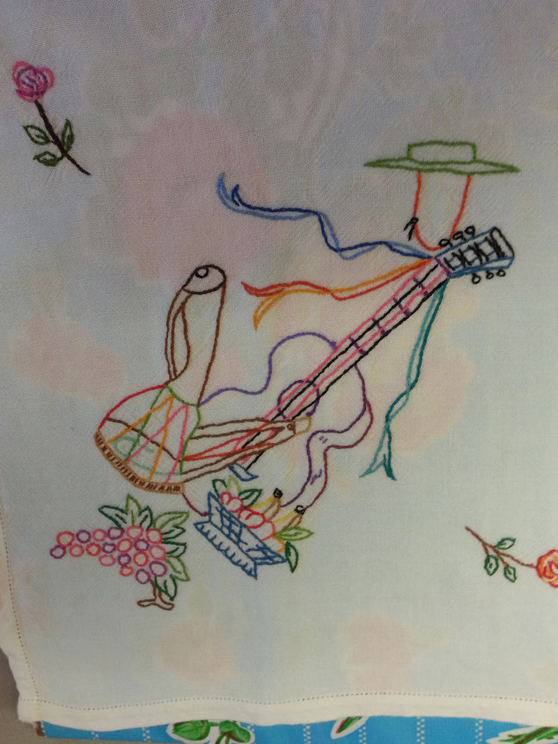 Vintage embroidered Spanish guitar & flamenco dancers tablecloth