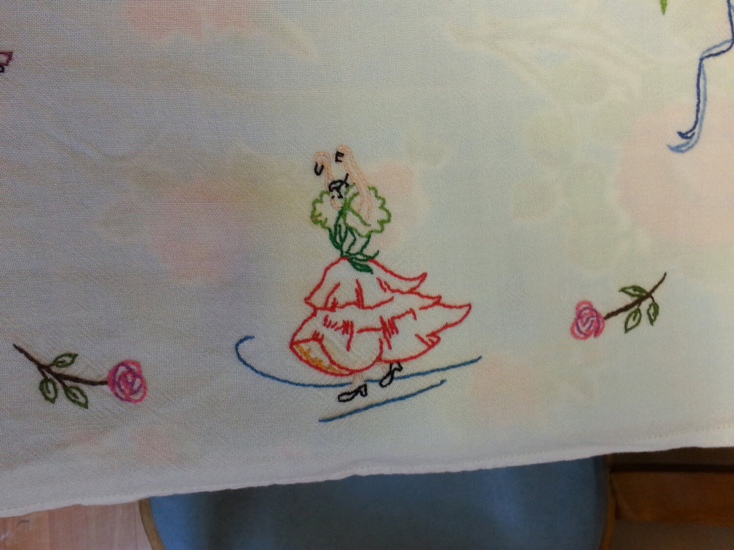 Vintage embroidered Spanish guitar & flamenco dancers tablecloth