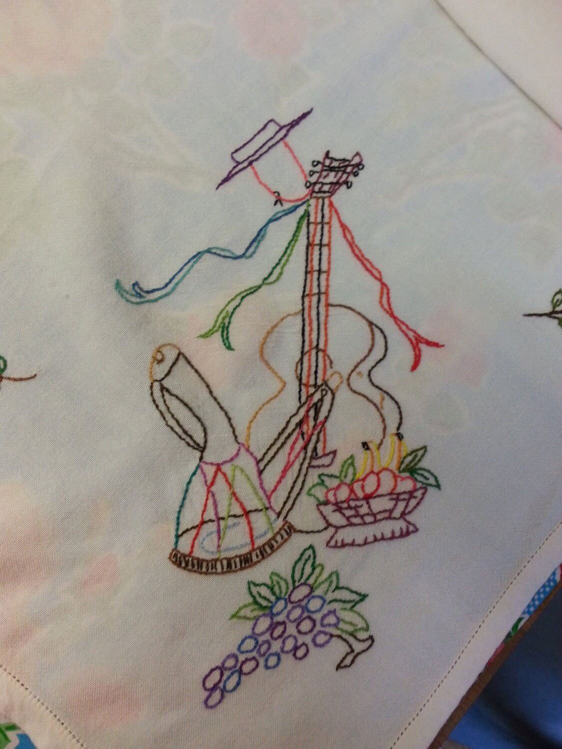 Vintage embroidered Spanish guitar & flamenco dancers tablecloth