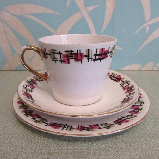 Mid-century Dorchester gilt-edged abstract pattern fine bone china trio