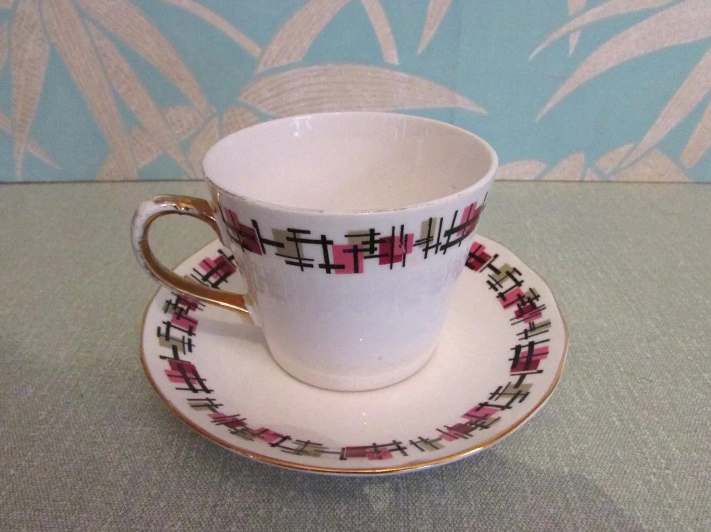 Mid-century Dorchester gilt-edged abstract pattern fine bone china trio