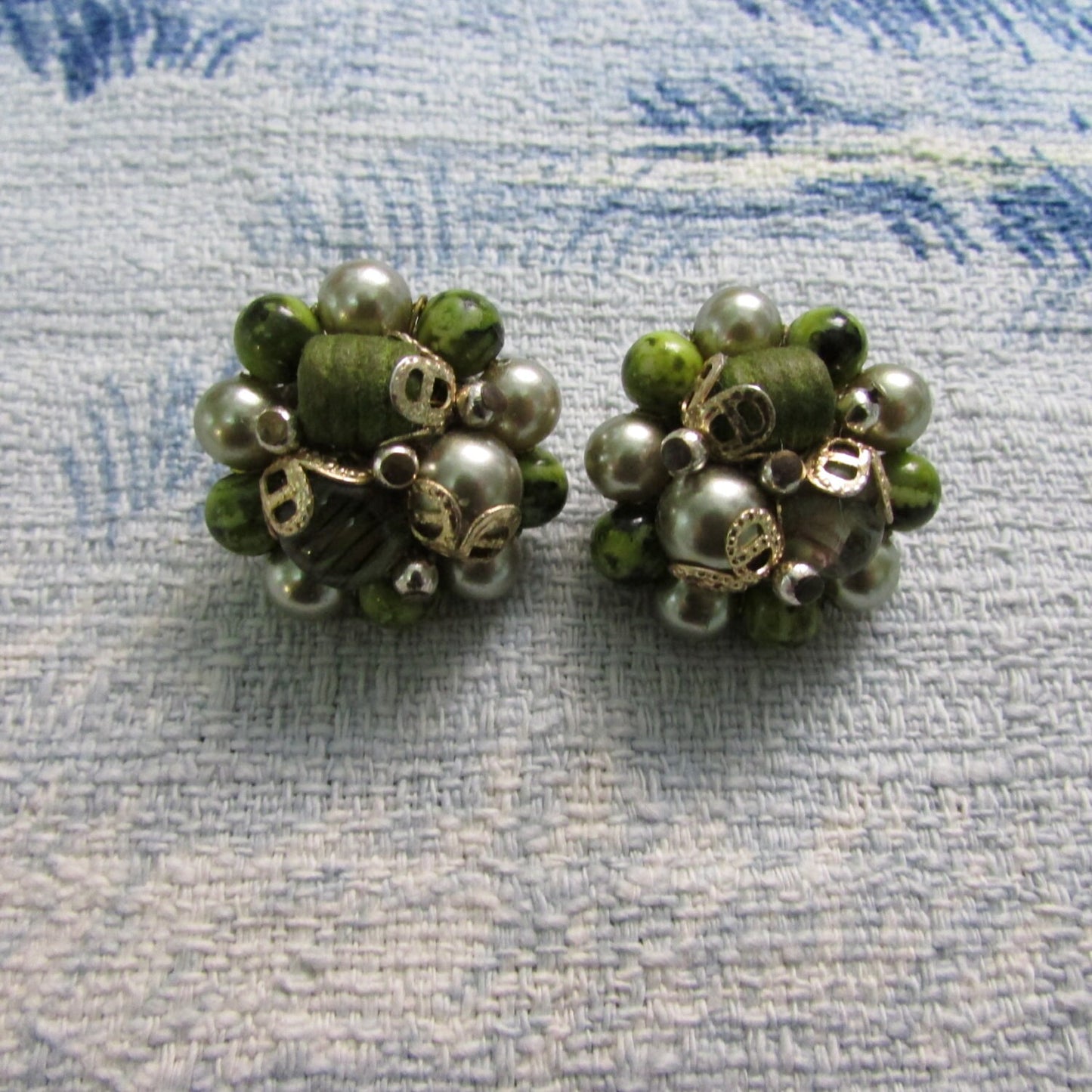 Mid century gold-tone, faux pearl & green glass bead clustered large clip-on earrings