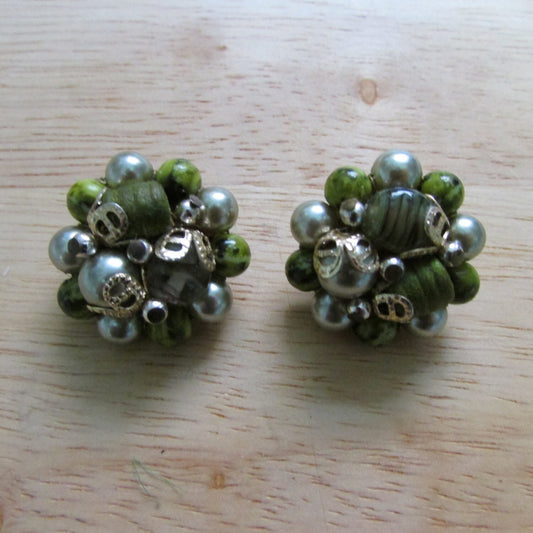 Mid century gold-tone, faux pearl & green glass bead clustered large clip-on earrings