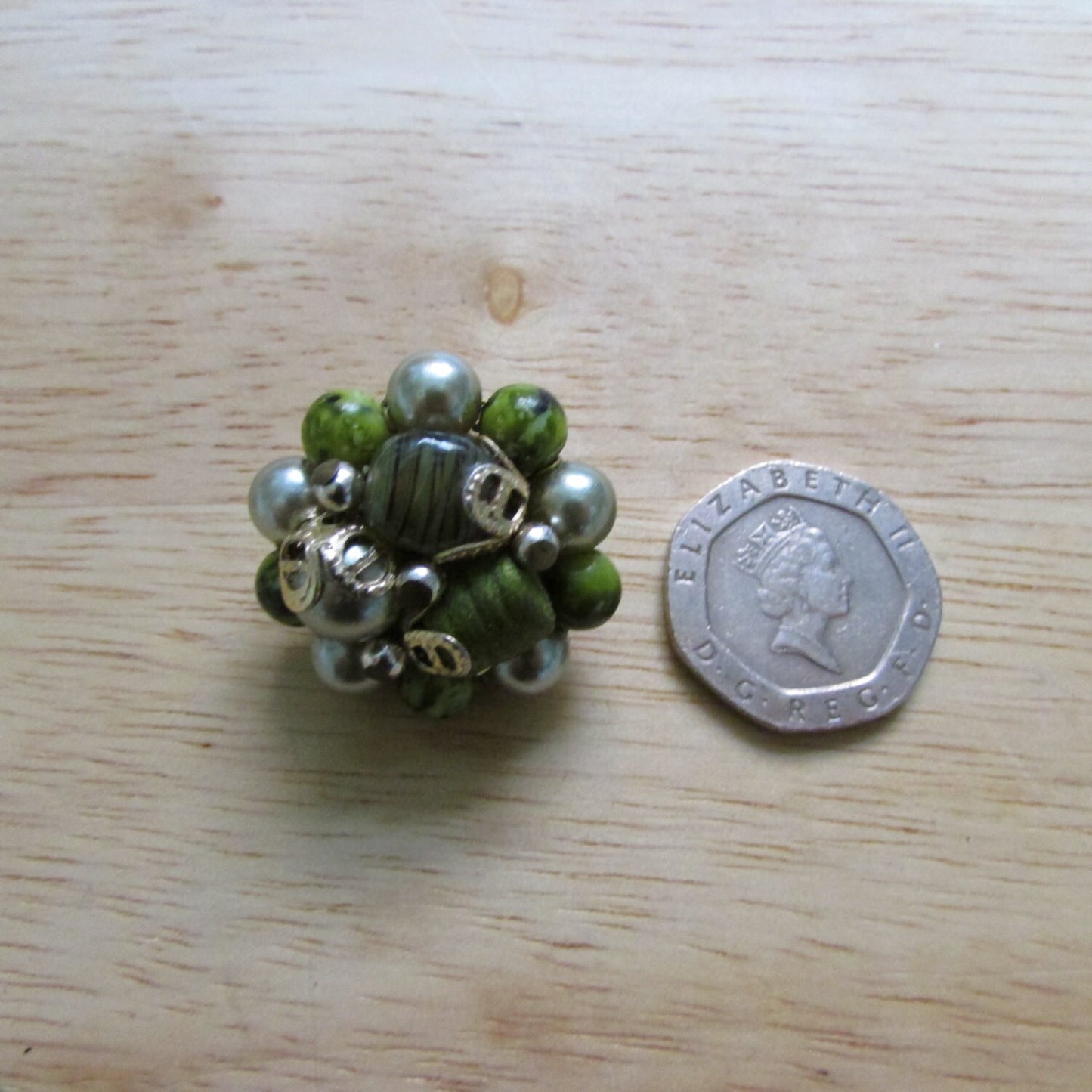 Mid century gold-tone, faux pearl & green glass bead clustered large clip-on earrings