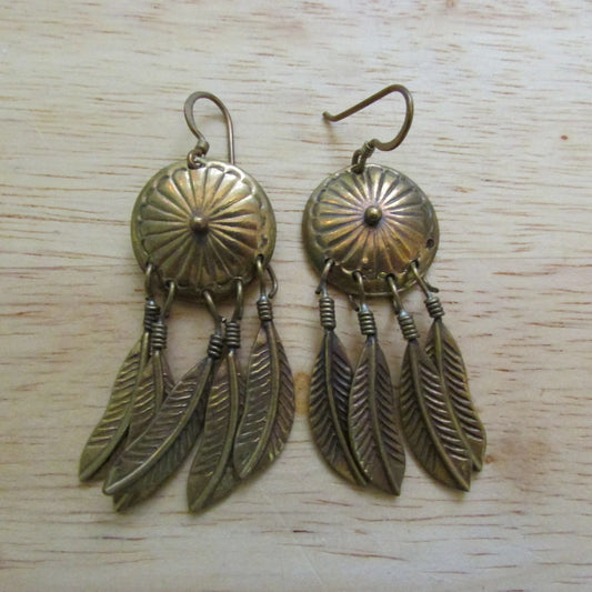 1980s/early 1990s gold-coppery-tone "dreamcatcher" shield earrings with drop feather detail