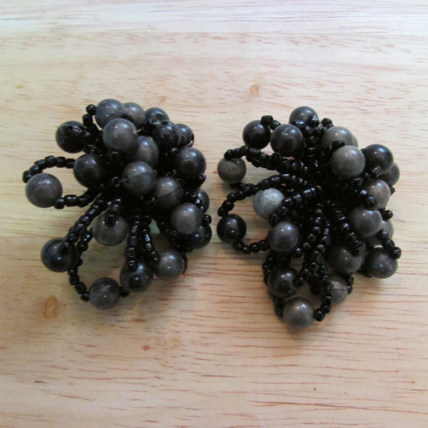1960s large black & taupe-coloured bead cluster/multi-strand clip-on earrings