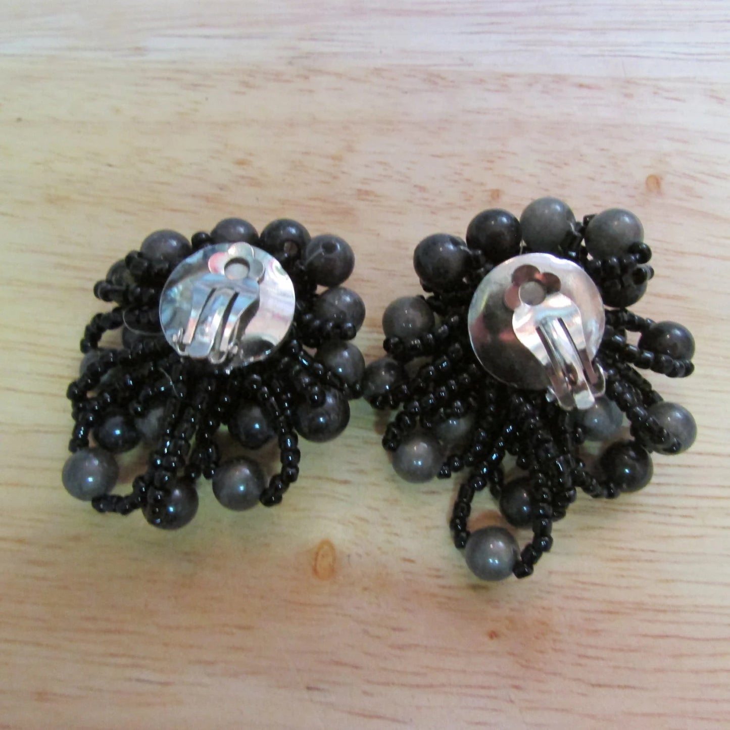 1960s large black & taupe-coloured bead cluster/multi-strand clip-on earrings
