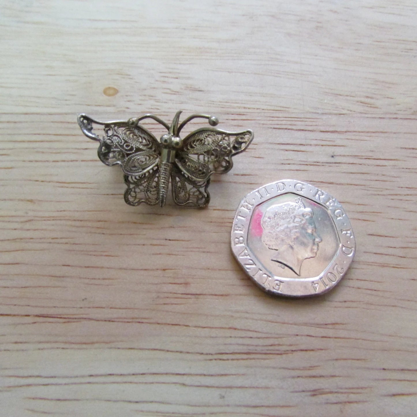 Vintage Victorian-style sterling silver (?) filigree/lace butterfly pin brooch, stamped