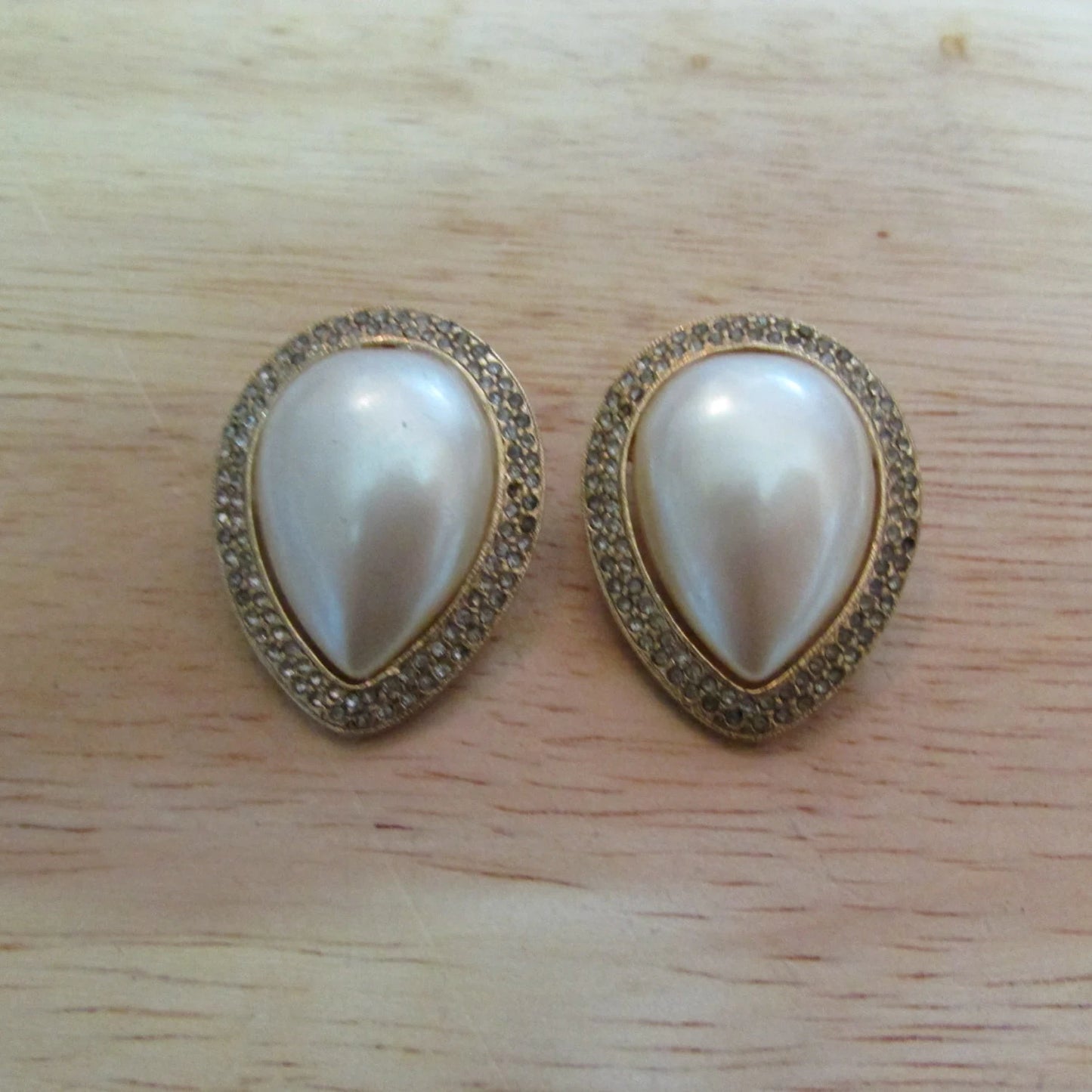 1980s heavy faux pearl & diamanté tear-drop clip-on earrings