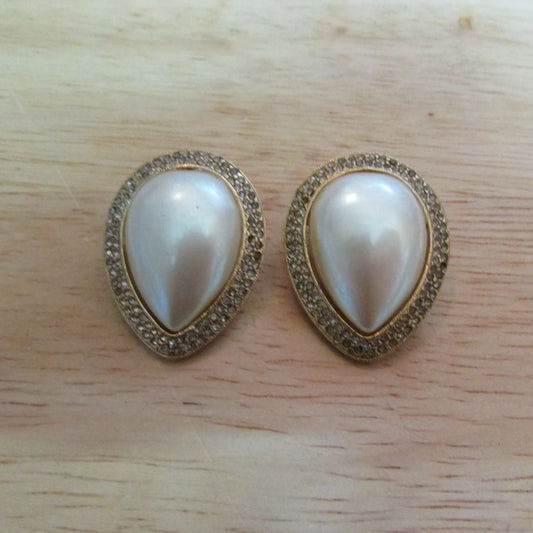 1980s heavy faux pearl & diamanté tear-drop clip-on earrings