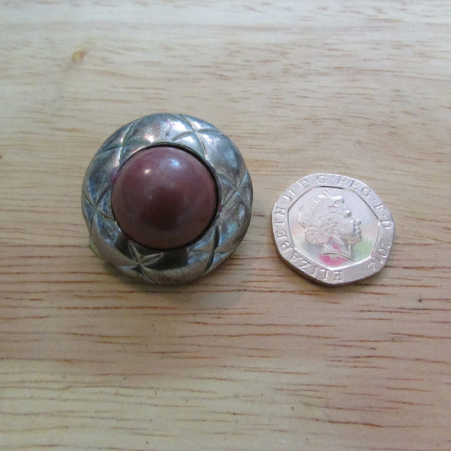 1960s modernist etched silver-tone & deep blush pink central bead clip-on earrings