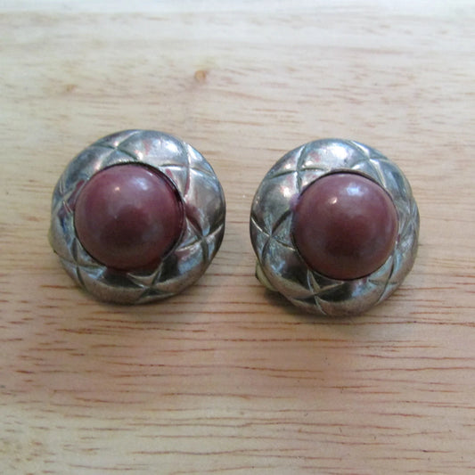 1960s modernist etched silver-tone & deep blush pink central bead clip-on earrings