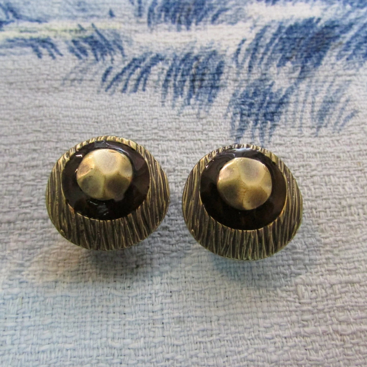Unusual vintage textured metal-tone & enamel button earrings, pierced clip-ons