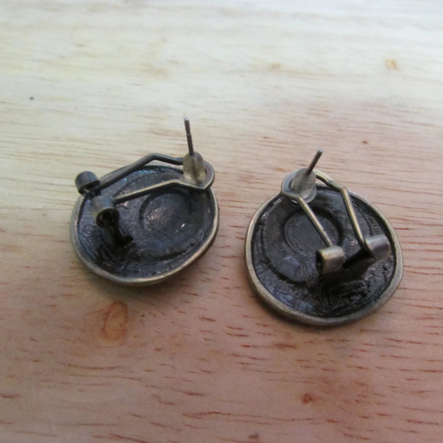 Unusual vintage textured metal-tone & enamel button earrings, pierced clip-ons