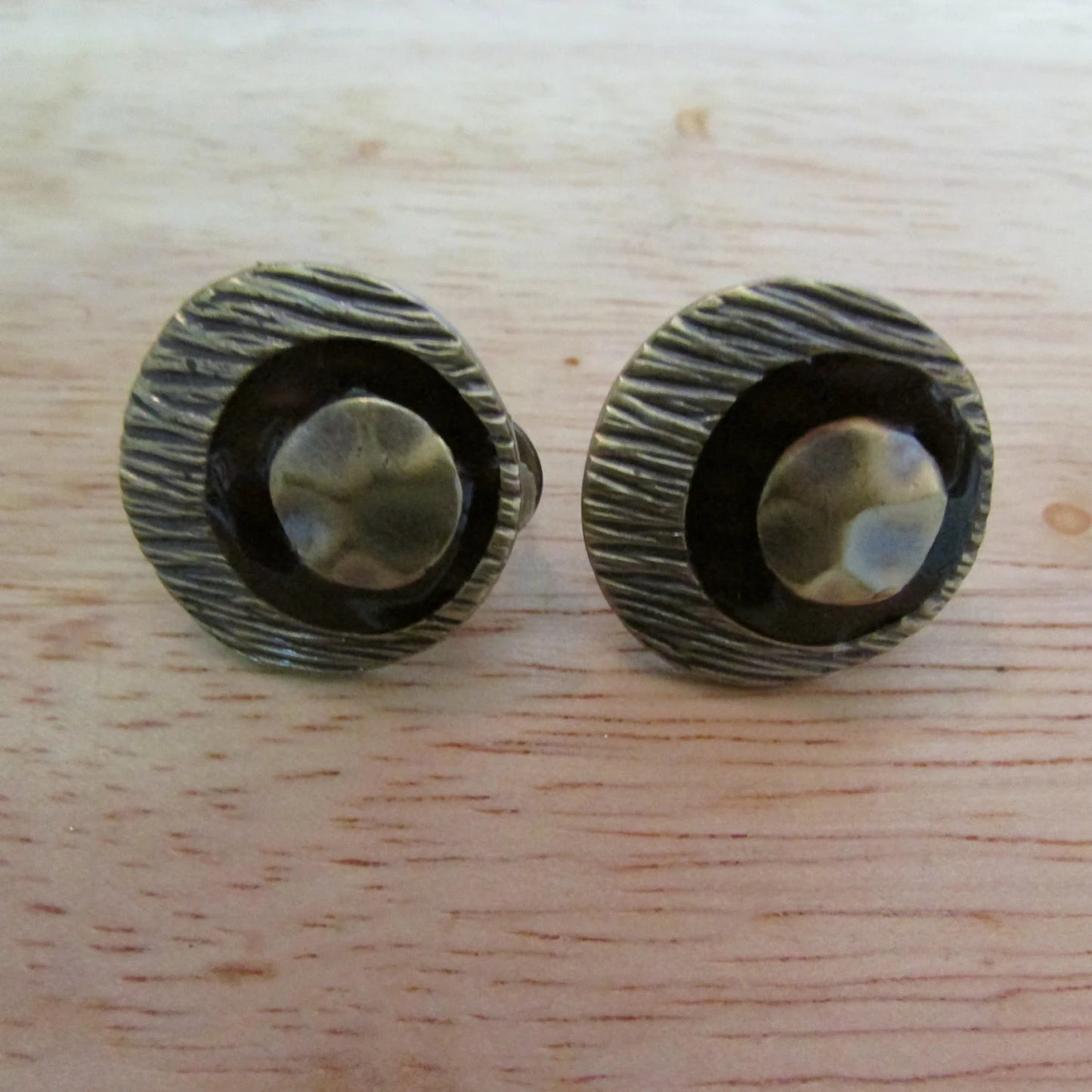 Unusual vintage textured metal-tone & enamel button earrings, pierced clip-ons