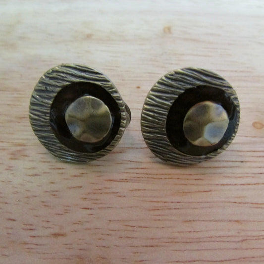 Unusual vintage textured metal-tone & enamel button earrings, pierced clip-ons