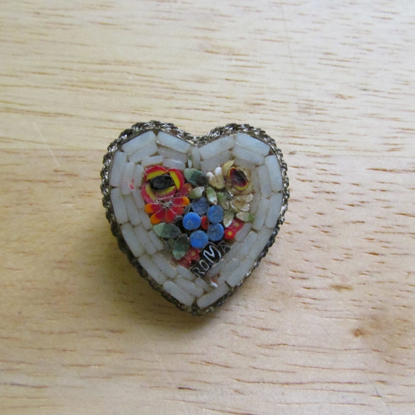 Vintage Italian micro mosaic heart shaped brooch, ROMA souvenir