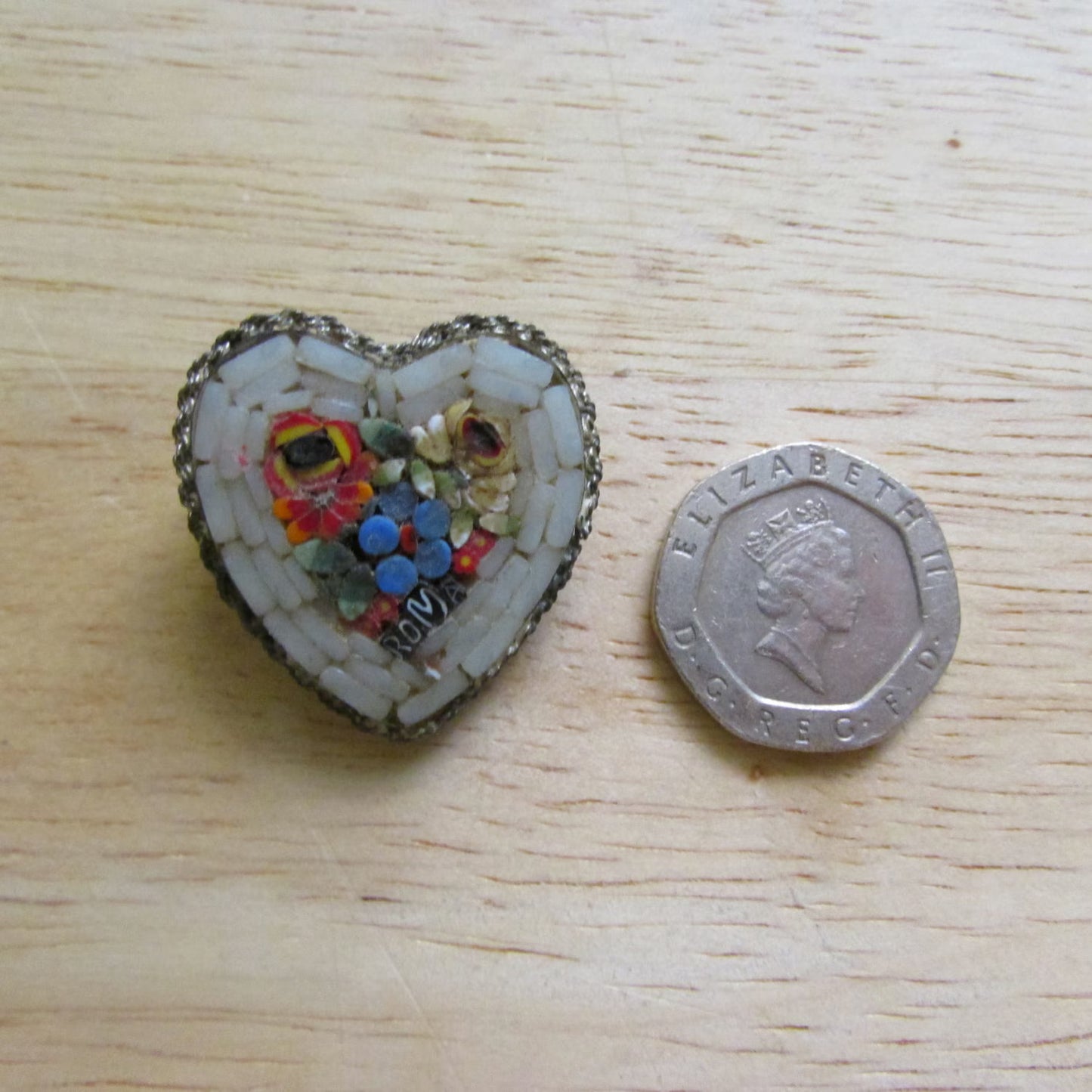 Vintage Italian micro mosaic heart shaped brooch, ROMA souvenir