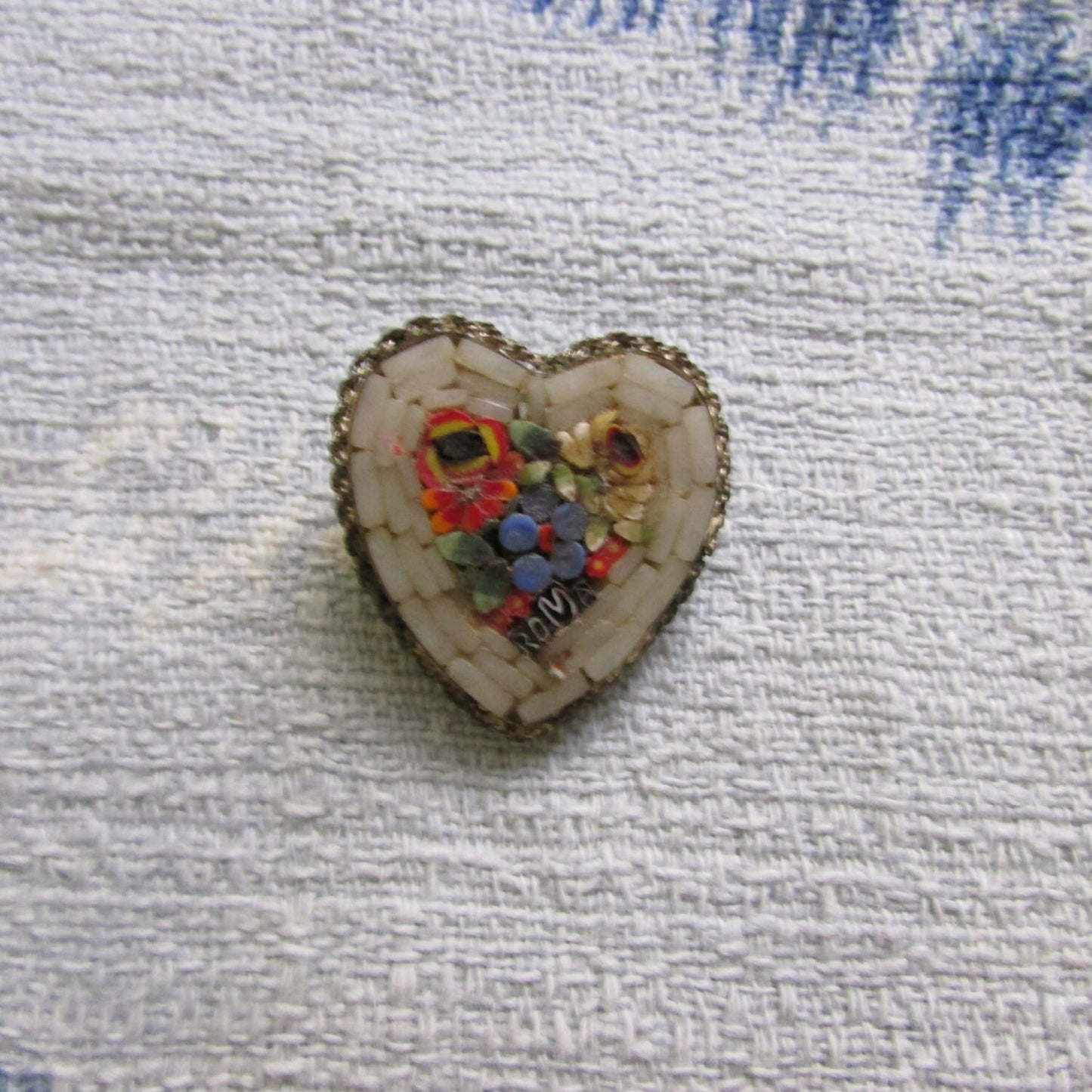 Vintage Italian micro mosaic heart shaped brooch, ROMA souvenir