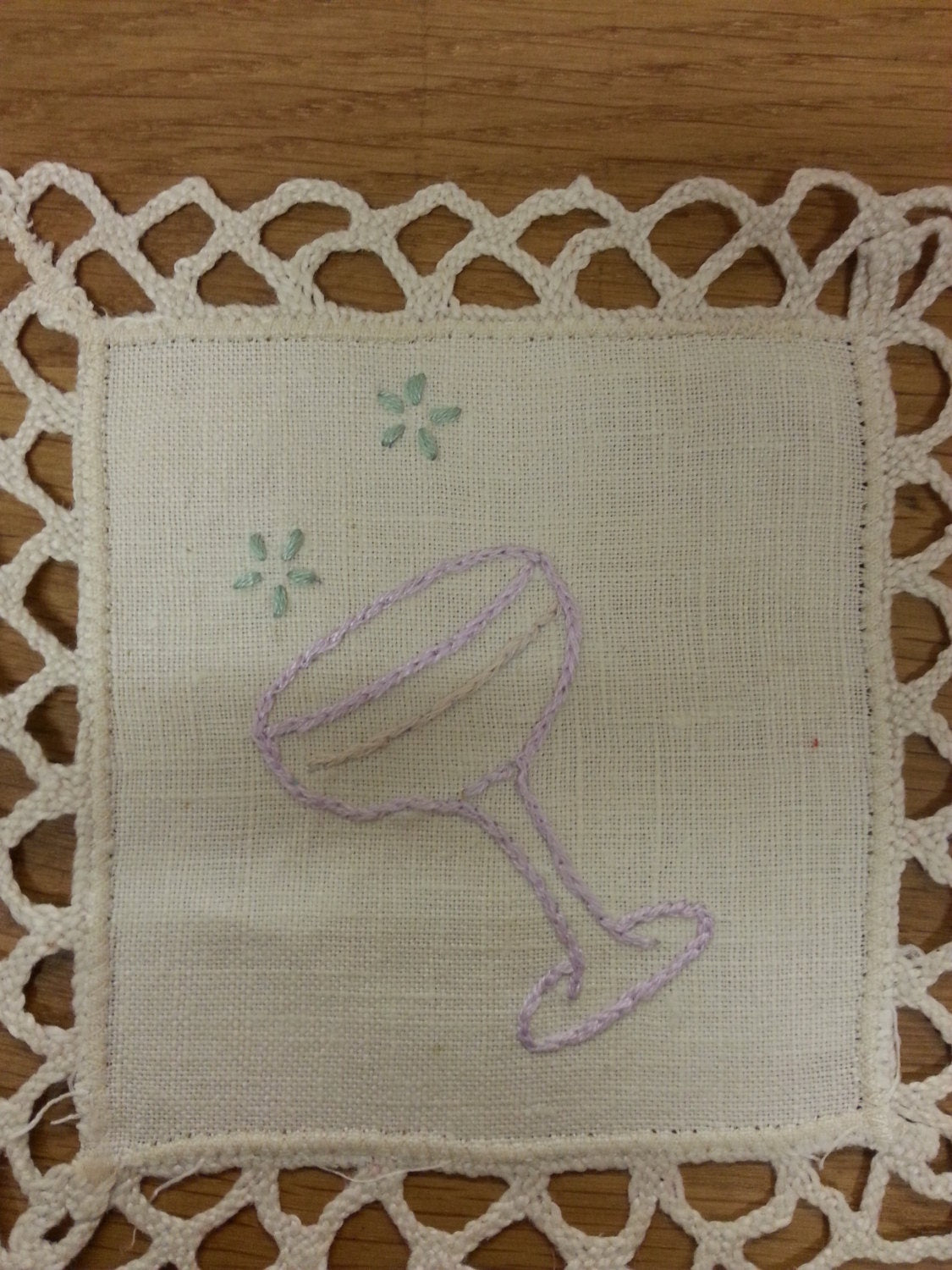 Hand-embroidered vintage dressing table mat trio, cocktail/burlesque inspired, upcycled