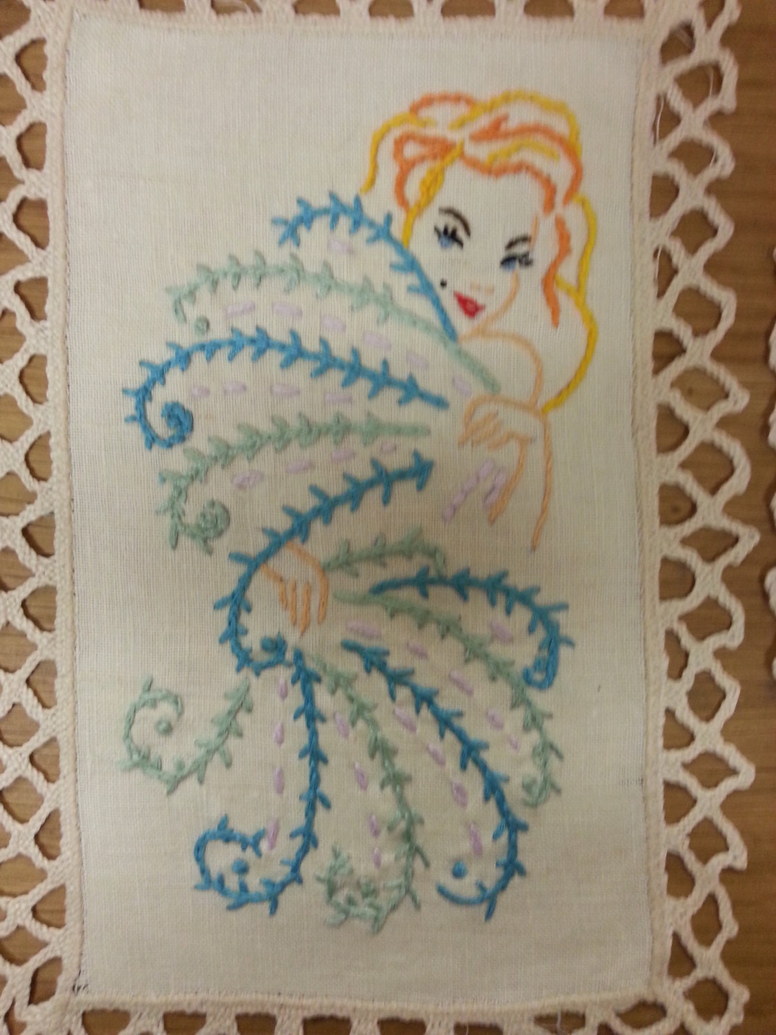 Hand-embroidered vintage dressing table mat trio, cocktail/burlesque inspired, upcycled