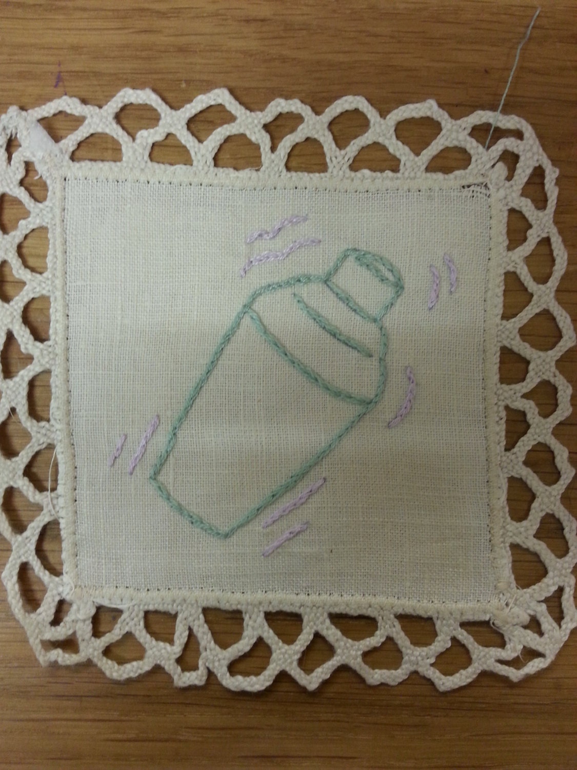 Hand-embroidered vintage dressing table mat trio, cocktail/burlesque inspired, upcycled