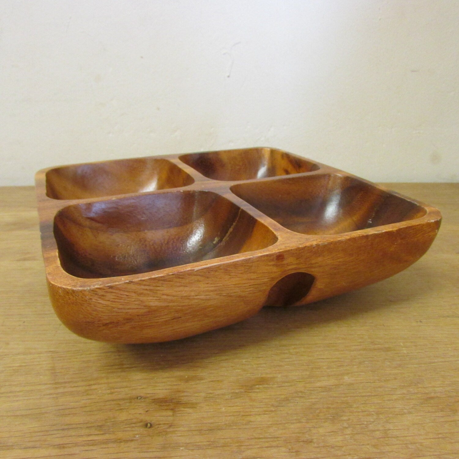 Vintage hand-carved Monkey Pod divided square dip dish