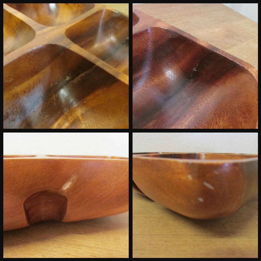 Vintage hand-carved Monkey Pod divided square dip dish