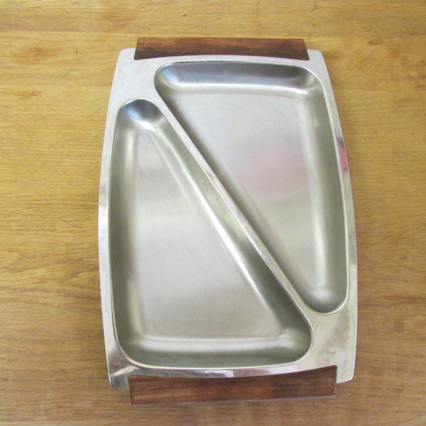 Mid-century Hong Kong stainless steel divided tray, wooden handles