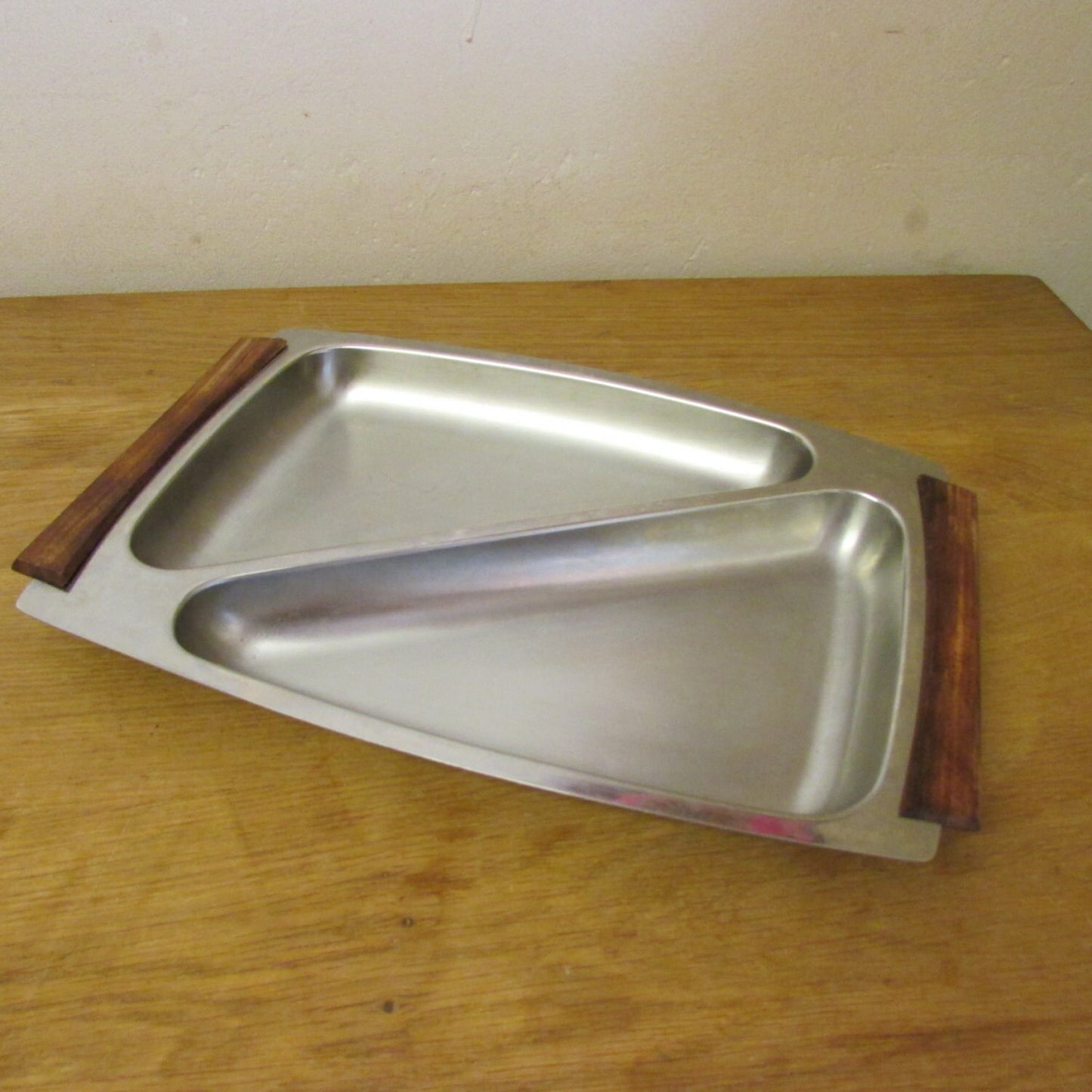 Mid-century Hong Kong stainless steel divided tray, wooden handles