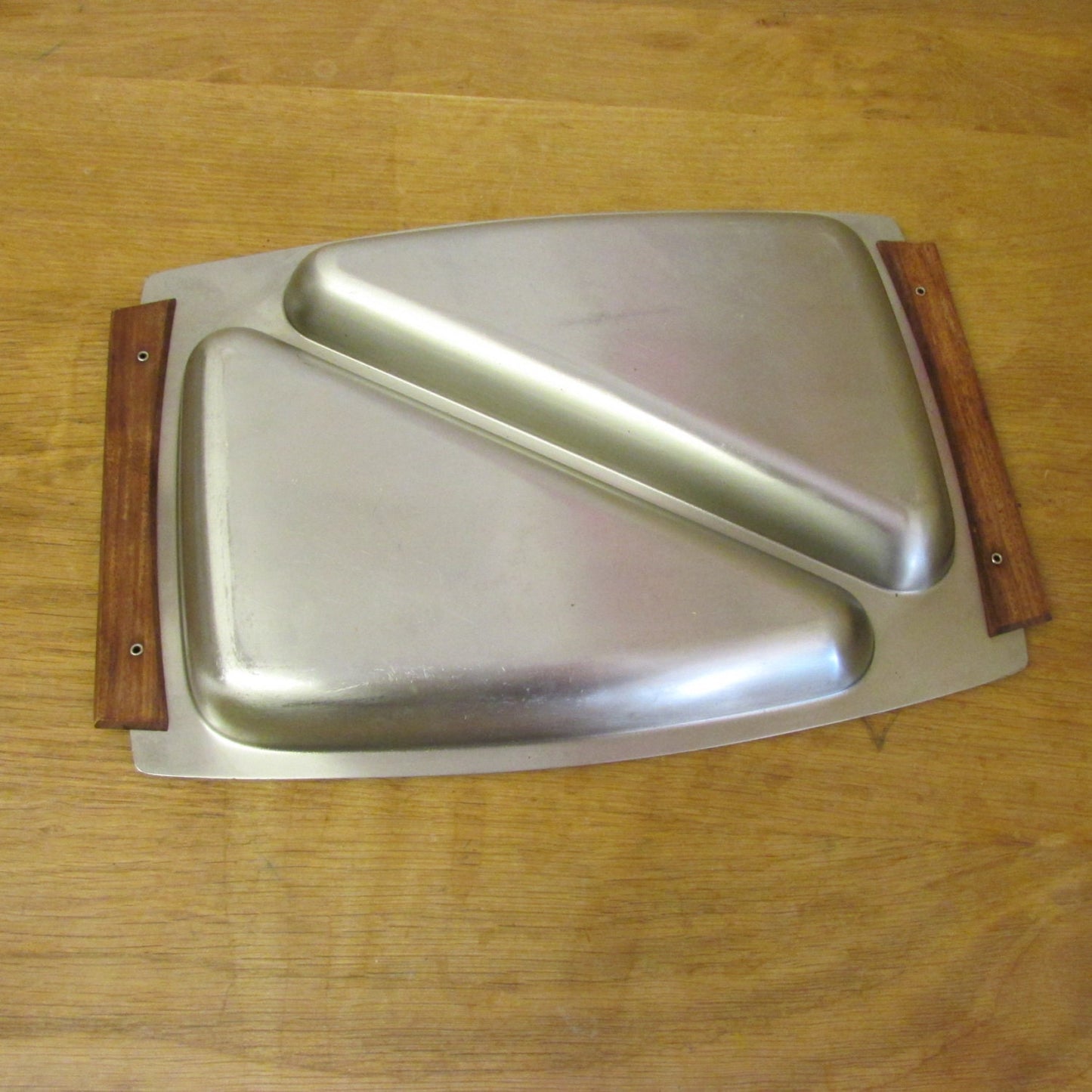 Mid-century Hong Kong stainless steel divided tray, wooden handles