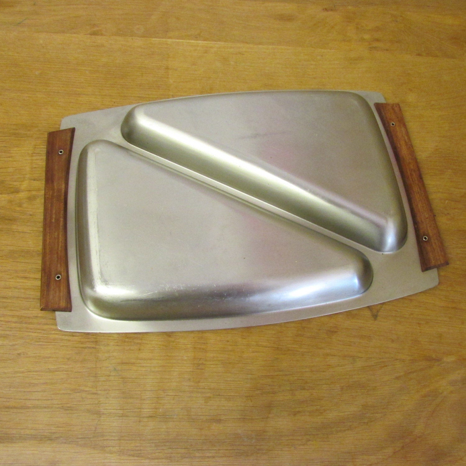 Mid-century Hong Kong stainless steel divided tray, wooden handles