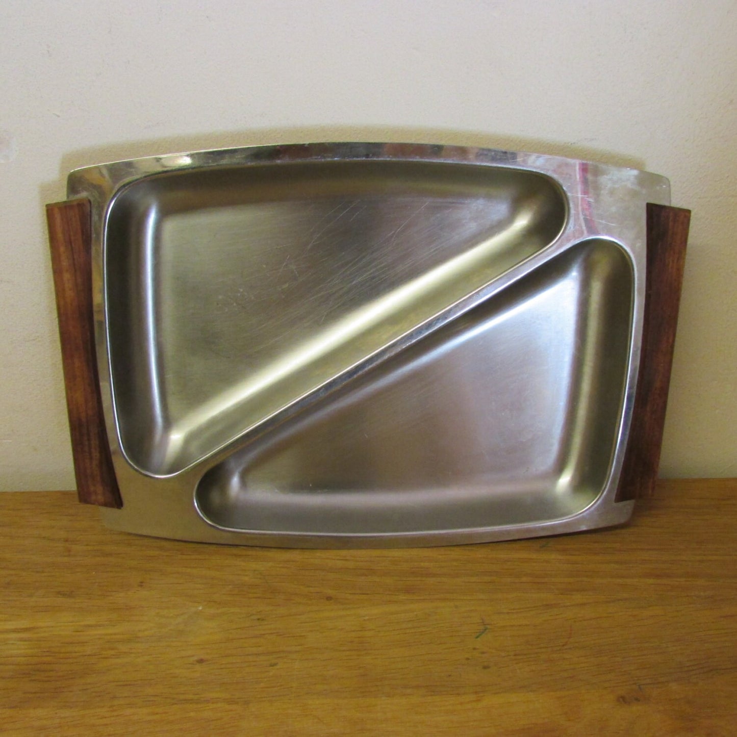 Mid-century Hong Kong stainless steel divided tray, wooden handles
