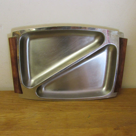 Mid-century Hong Kong stainless steel divided tray, wooden handles