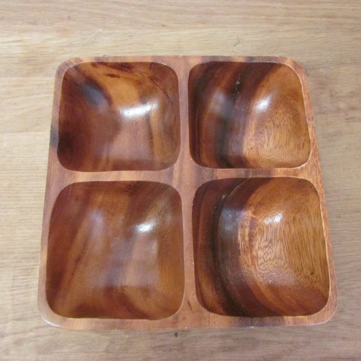 Vintage hand-carved Monkey Pod divided square dip dish