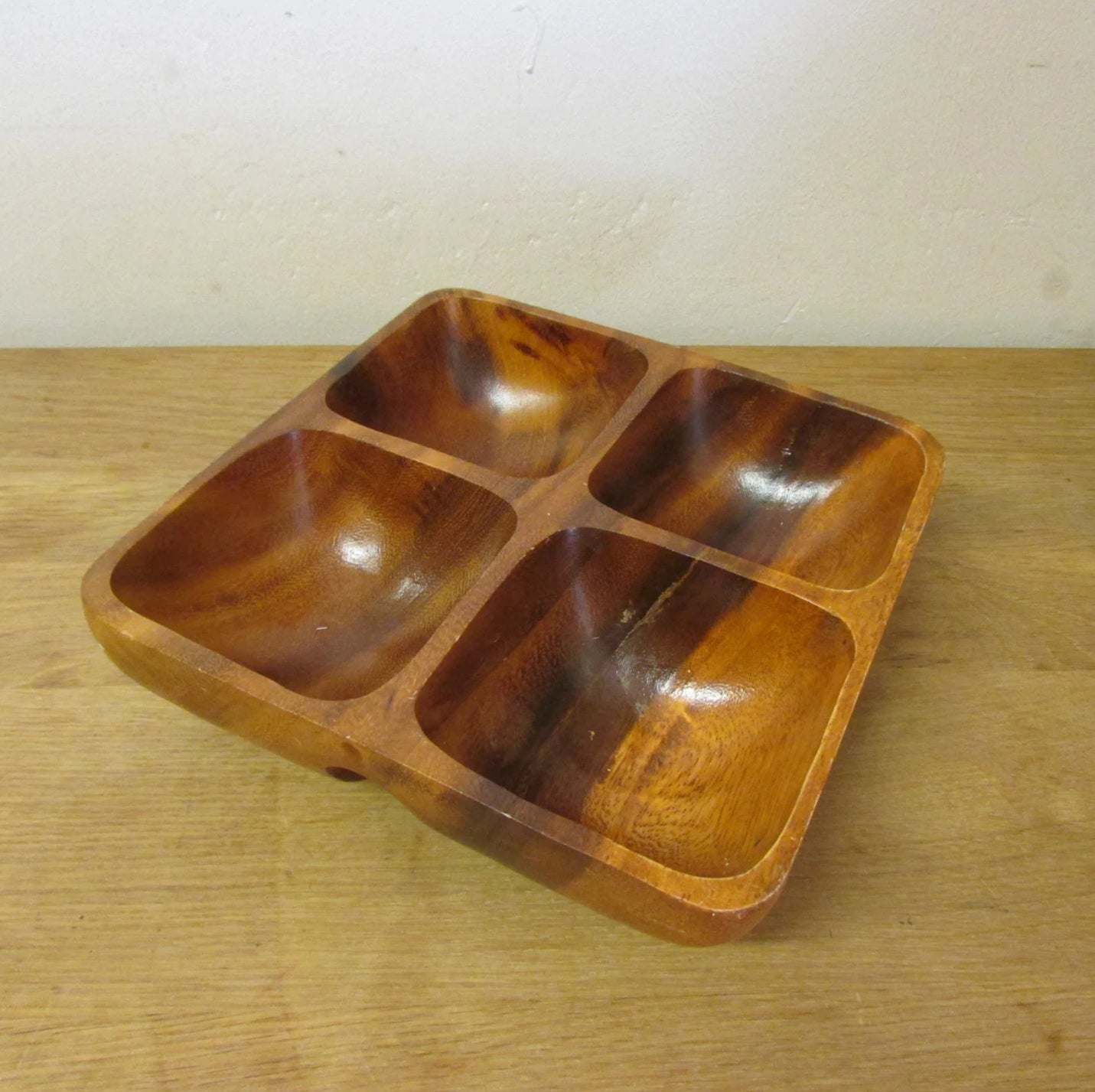 Vintage hand-carved Monkey Pod divided square dip dish