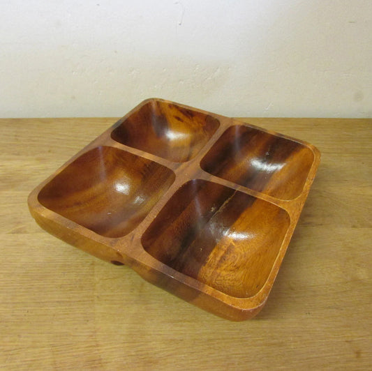 Vintage hand-carved Monkey Pod divided square dip dish