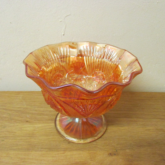 Vintage Brockwitz Carnival Glass Curved Star ruffled open sugar bowl with Headdress interior, Marigold