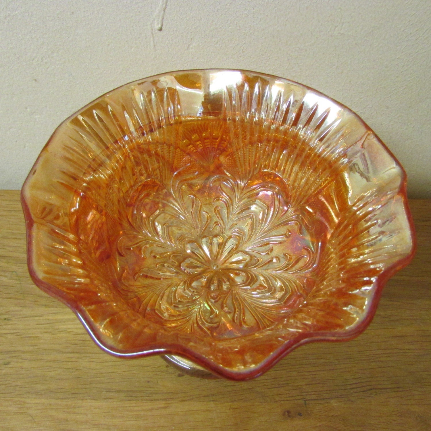 Vintage Brockwitz Carnival Glass Curved Star ruffled open sugar bowl with Headdress interior, Marigold