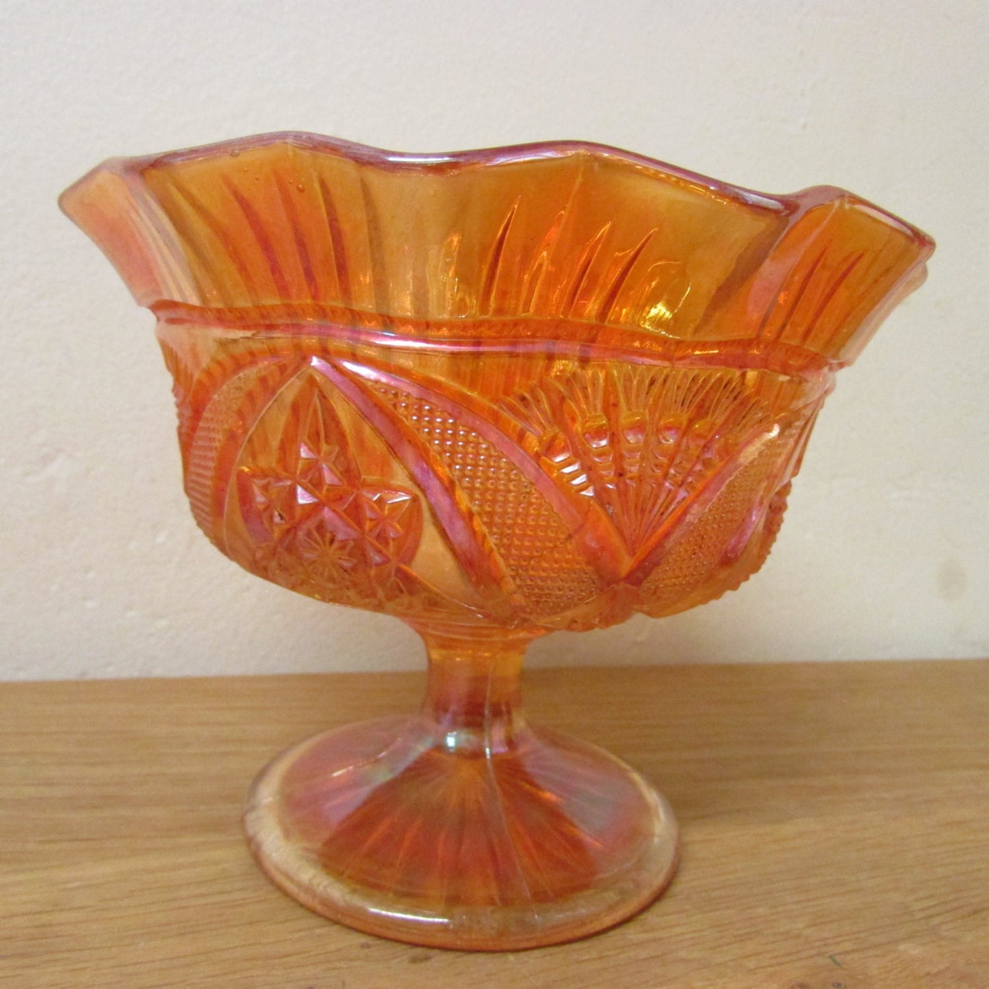 Vintage Brockwitz Carnival Glass Curved Star ruffled open sugar bowl with Headdress interior, Marigold